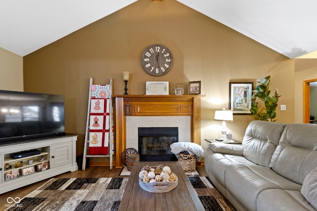 1530 Danaher St, Indianapolis, IN 46217 - living room with wood finished floors, a fireplace, and high vaulted ceiling