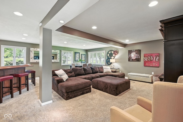 3191 W 246th St, Sheridan, IN 46069 - living room featuring light carpet, recessed lighting, a dry bar, and healthy amount of natural light
