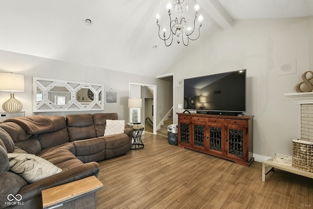 3191 W 246th St, Sheridan, IN 46069 - living room featuring stairway, beam ceiling, high vaulted ceiling, and a chandelier