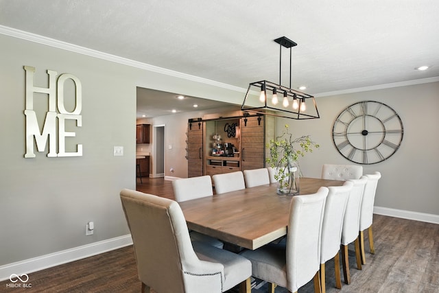 3191 W 246th St, Sheridan, IN 46069 - dining area with dark wood-type flooring, recessed lighting, a barn door, and crown molding