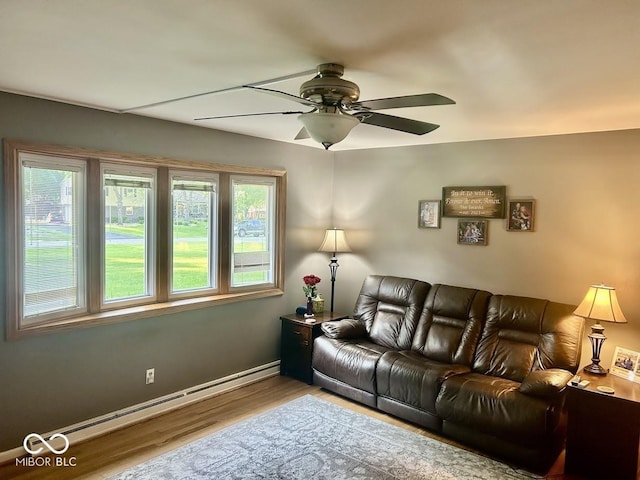 4728 S Eaton Ave, Indianapolis, IN 46239 - living room with a baseboard heating unit, ceiling fan, and wood finished floors