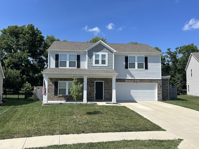 108 Herbert Ct, Trafalgar, IN 46181 - view of front facade with an attached garage, covered porch, driveway, and brick siding