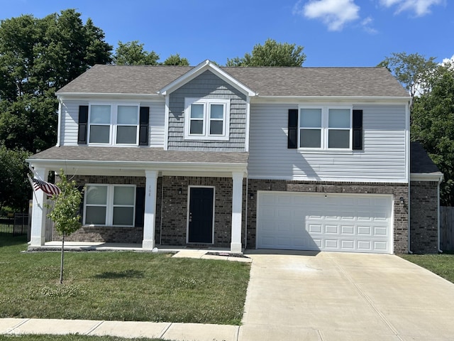 108 Herbert Ct, Trafalgar, IN 46181 - view of front facade featuring an attached garage, concrete driveway, brick siding, a porch, and a shingled roof