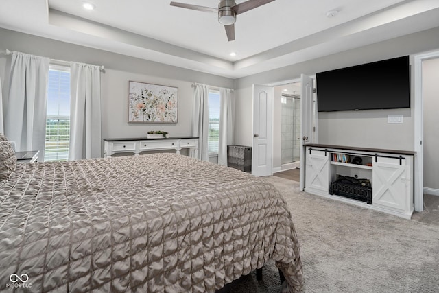 6330 Teakwood Way, Mccordsville, IN 46055 - bedroom featuring carpet flooring, recessed lighting, a tray ceiling, a ceiling fan, and ensuite bath