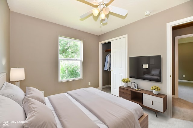 915 E Drybread Ln, Nineveh, IN 46164 - bedroom with light carpet, a closet, and a ceiling fan
