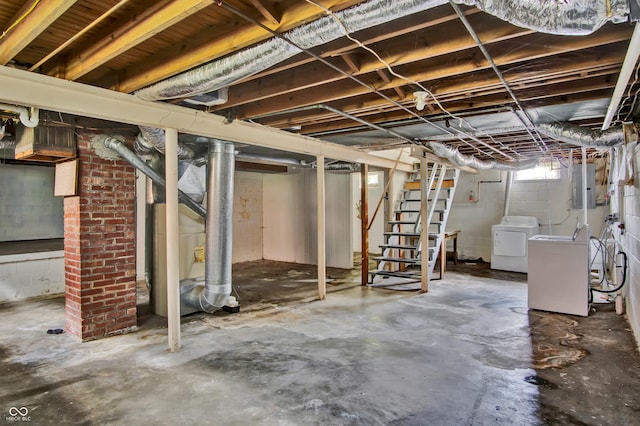 2433 17th St, Columbus, IN 47201 - below grade area featuring electric panel, stairs, washing machine and clothes dryer, and heating unit