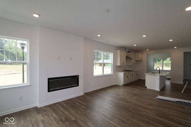 1825 Real St, Indianapolis, IN 46240 - unfurnished living room with healthy amount of natural light, a glass covered fireplace, dark wood finished floors, and recessed lighting
