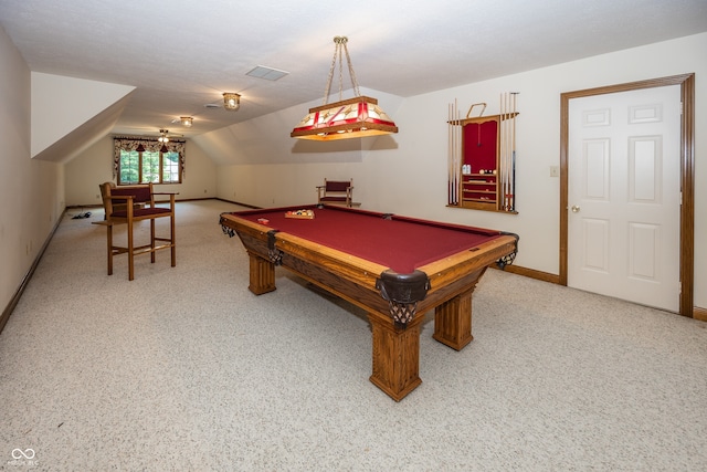 1112 N Dogwood Way, Greenfield, IN 46140 - rec room featuring lofted ceiling, billiards table, and carpet floors