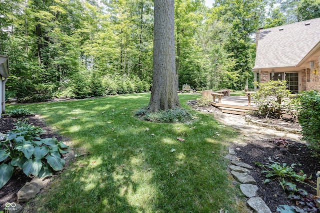 1112 N Dogwood Way, Greenfield, IN 46140 - view of green lawn with a deck and a forest view
