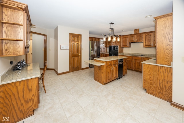 1112 N Dogwood Way, Greenfield, IN 46140 - kitchen with black appliances, open shelves, brown cabinetry, backsplash, and a center island