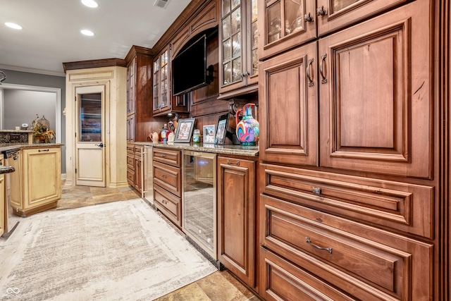 3075 Hurricane Rd, Franklin, IN 46131 - kitchen featuring beverage cooler, recessed lighting, ornamental molding, glass insert cabinets, and stone counters