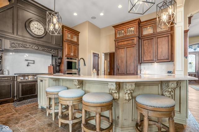 3075 Hurricane Rd, Franklin, IN 46131 - kitchen featuring backsplash, light countertops, glass insert cabinets, and recessed lighting