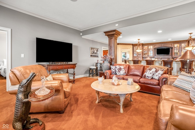 3075 Hurricane Rd, Franklin, IN 46131 - living room with decorative columns, ornamental molding, recessed lighting, and carpet floors