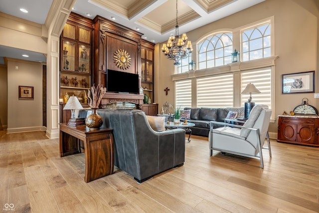 3075 Hurricane Rd, Franklin, IN 46131 - living room featuring a chandelier, ornamental molding, light wood-style floors, a high ceiling, and coffered ceiling