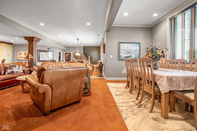 3075 Hurricane Rd, Franklin, IN 46131 - living area with recessed lighting, healthy amount of natural light, light carpet, crown molding, and stairs