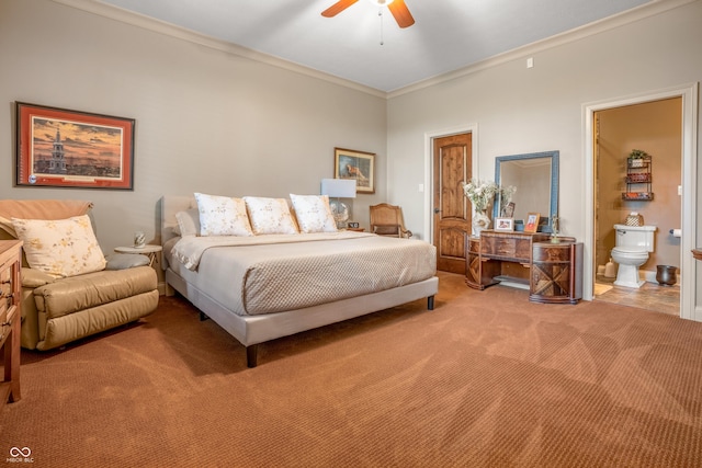 3075 Hurricane Rd, Franklin, IN 46131 - bedroom featuring crown molding, carpet flooring, ensuite bathroom, and a ceiling fan