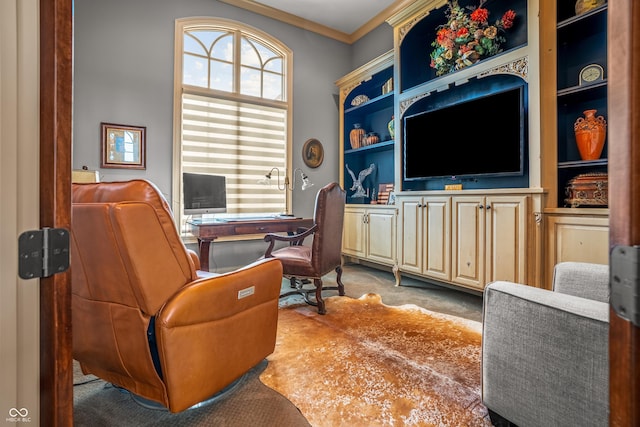 3075 Hurricane Rd, Franklin, IN 46131 - office with light carpet, crown molding, and built in features
