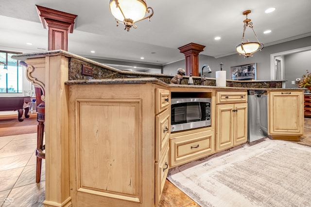 3075 Hurricane Rd, Franklin, IN 46131 - kitchen featuring stainless steel appliances, light brown cabinets, recessed lighting, decorative columns, and crown molding