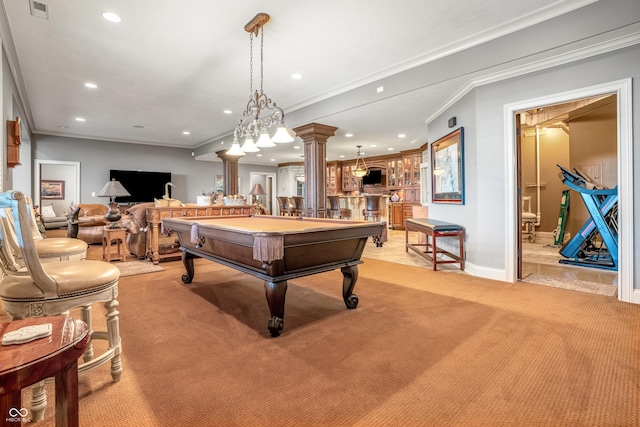 3075 Hurricane Rd, Franklin, IN 46131 - game room with ornate columns, light carpet, recessed lighting, billiards table, and crown molding