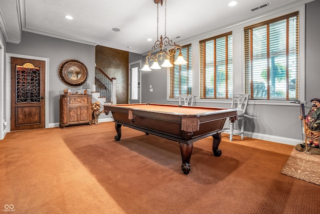 3075 Hurricane Rd, Franklin, IN 46131 - recreation room with light colored carpet, recessed lighting, billiards table, and ornamental molding