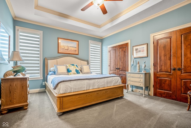3075 Hurricane Rd, Franklin, IN 46131 - bedroom featuring carpet flooring, ornamental molding, a raised ceiling, and ceiling fan