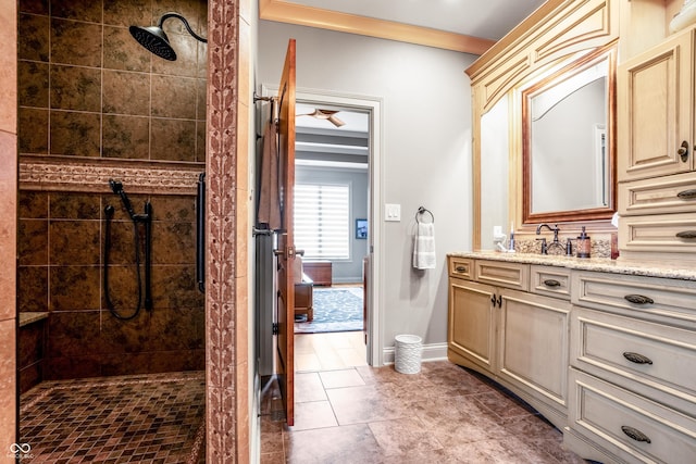 3075 Hurricane Rd, Franklin, IN 46131 - full bath with a tile shower, vanity, tile patterned floors, and crown molding