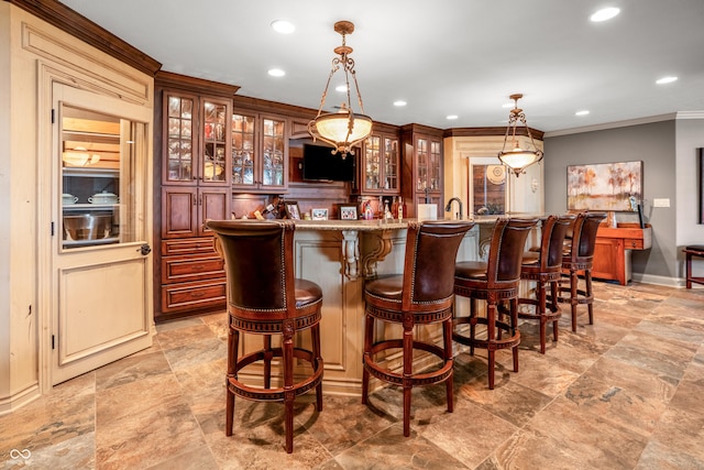 3075 Hurricane Rd, Franklin, IN 46131 - indoor wet bar with decorative light fixtures, recessed lighting, ornamental molding, and light stone finish flooring