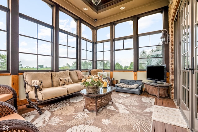 3075 Hurricane Rd, Franklin, IN 46131 - sunroom featuring hardwood / wood-style flooring, recessed lighting, and a towering ceiling