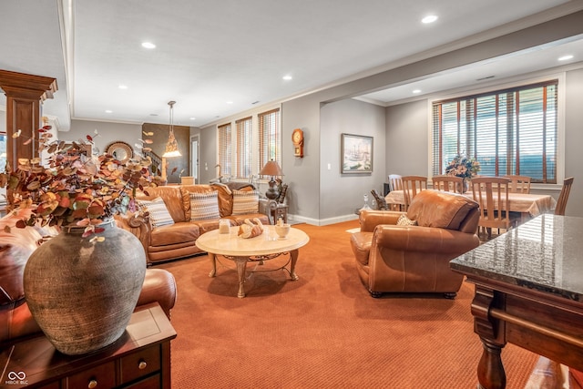 3075 Hurricane Rd, Franklin, IN 46131 - living area featuring ornamental molding, recessed lighting, and light colored carpet