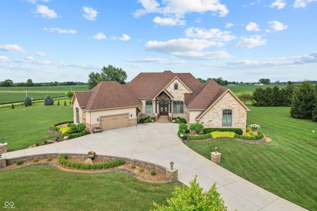 3075 Hurricane Rd, Franklin, IN 46131 - french country home with concrete driveway, a garage, a front yard, and stone siding