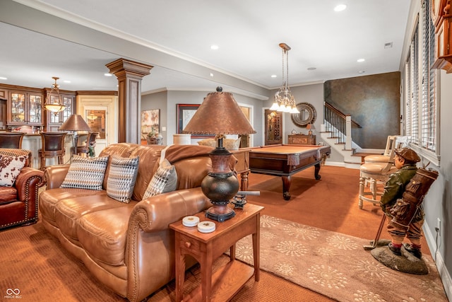 3075 Hurricane Rd, Franklin, IN 46131 - carpeted living area with recessed lighting, billiards table, stairs, decorative columns, and crown molding