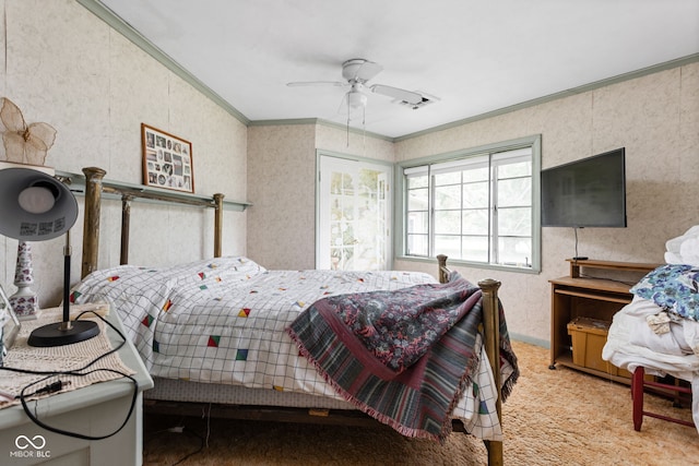 5519 N County Rd 550 E, Pittsboro, IN 46167 - carpeted bedroom with ornamental molding, ceiling fan, and wallpapered walls