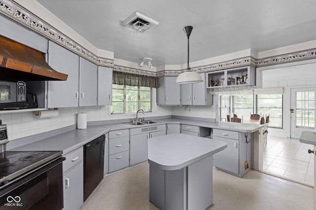 5519 N County Rd 550 E, Pittsboro, IN 46167 - kitchen featuring black appliances, backsplash, light countertops, a center island, and open shelves