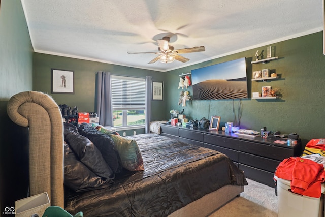 2426 Borgman Ct, Indianapolis, IN 46229 - bedroom with crown molding, ceiling fan, a textured wall, a textured ceiling, and carpet flooring
