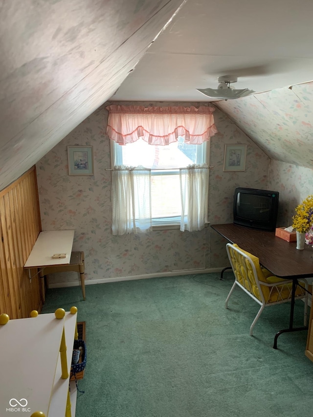 2010 N Winton Ave, Speedway, IN 46224 - carpeted home office featuring vaulted ceiling, wallpapered walls, and a ceiling fan