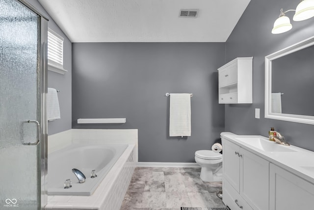 10832 Washington Bay Dr, Fishers, IN 46037 - bathroom with vanity, a bath, a stall shower, and a textured ceiling