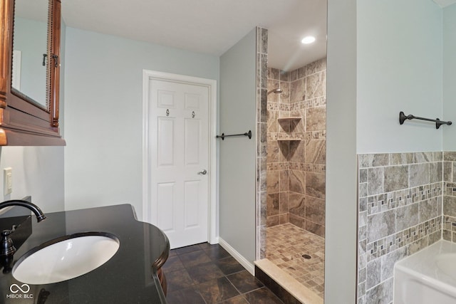 151 S St, Southport, IN 46227 - full bathroom with a tile shower, a bath, recessed lighting, and vanity