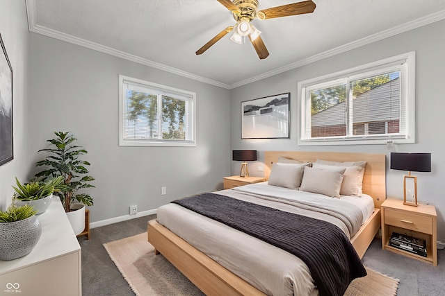 748 Maple Ln, Brownsburg, IN 46112 - bedroom featuring carpet, crown molding, and a ceiling fan