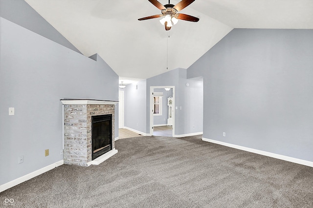 6059 Buck Blvd, Indianapolis, IN 46237 - unfurnished living room featuring a ceiling fan, carpet flooring, high vaulted ceiling, and a fireplace