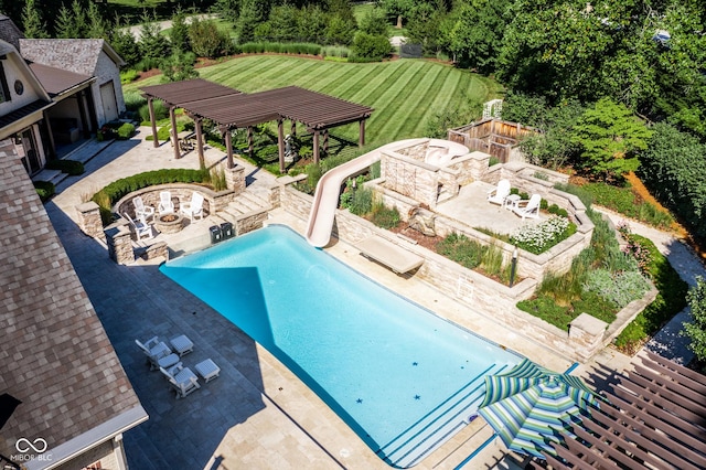 520 Willow Spring Rd, Indianapolis, IN 46240 - swimming pool featuring a fire pit, a gazebo, a water slide, and a patio area