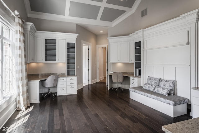 520 Willow Spring Rd, Indianapolis, IN 46240 - office with built in desk, dark wood-style floors, recessed lighting, and coffered ceiling