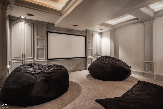 520 Willow Spring Rd, Indianapolis, IN 46240 - cinema room with decorative columns, carpet flooring, a decorative wall, ornamental molding, and recessed lighting