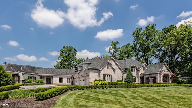 520 Willow Spring Rd, Indianapolis, IN 46240 - french country home featuring brick siding, a front yard, a garage, and stone siding