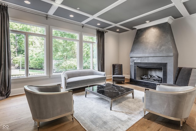 520 Willow Spring Rd, Indianapolis, IN 46240 - living area with coffered ceiling, wood finished floors, a fireplace, and recessed lighting