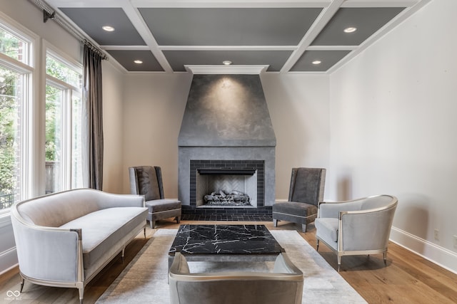 520 Willow Spring Rd, Indianapolis, IN 46240 - living area featuring coffered ceiling, wood finished floors, beamed ceiling, a large fireplace, and recessed lighting