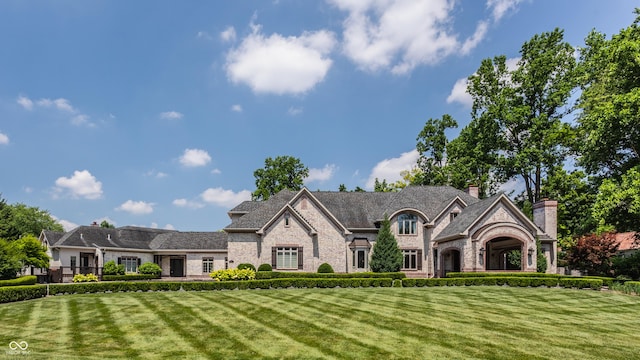 520 Willow Spring Rd, Indianapolis, IN 46240 - french country style house with a front lawn, a chimney, stone siding, and brick siding