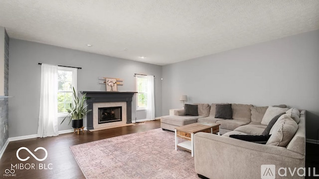 12817 Mojave Dr, Fishers, IN 46037 - living area featuring a fireplace with flush hearth, plenty of natural light, dark wood-style floors, and a textured ceiling