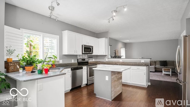 12817 Mojave Dr, Fishers, IN 46037 - kitchen featuring appliances with stainless steel finishes, a peninsula, a center island, rail lighting, and white cabinets