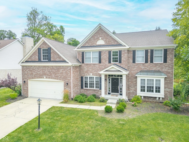 12817 Mojave Dr, Fishers, IN 46037 - colonial-style house with a front lawn, concrete driveway, a garage, brick siding, and a chimney