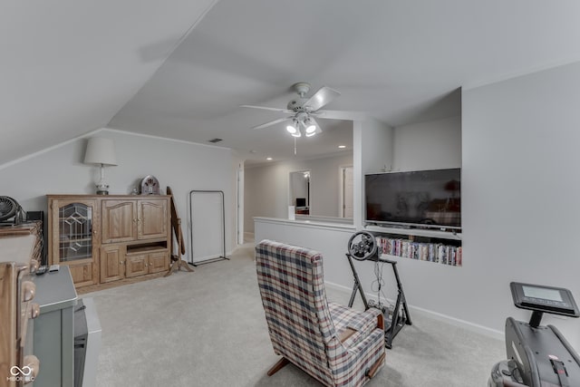 860 Old Eagle Way, Greenwood, IN 46143 - living area with light colored carpet, a ceiling fan, and vaulted ceiling